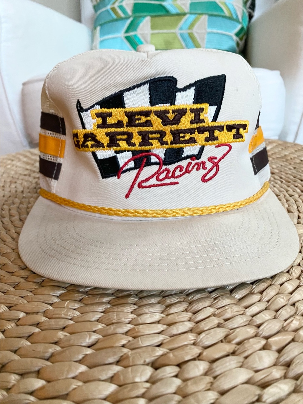 VTG Levi Garrett Racing 3-Stripe SnapBack Trucket Hat Checkered Patch Rope Trim